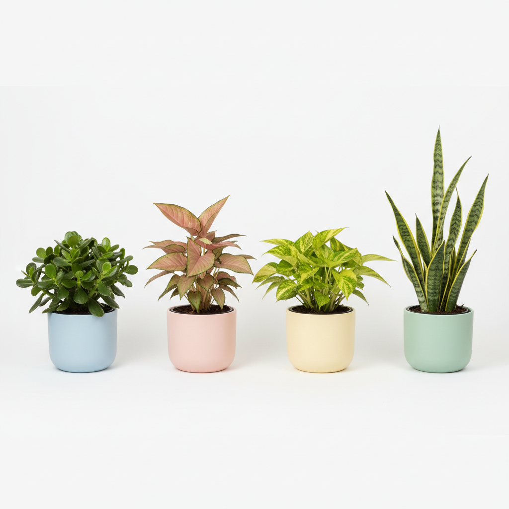 4 Indoor Plants Combo with Self-Watering Pots | Jade Snake Money Syngonium | Oxygen Ghar - image 1