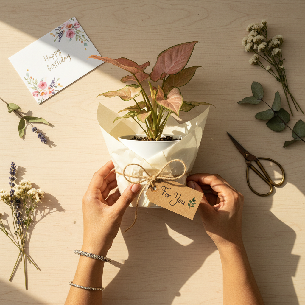 Syngonium Pink plant gift-ready packaging